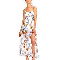 Lefthigh Floral Print Sling Split Dress, Women Bohemian Tropical Travel Holiday Suspended Backless Skirt White