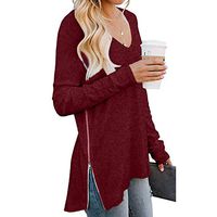Buedvo Women's Autumn Pullover Tops Long-Sleeved Sweatshirt Side Split Side Zipper Sweater V-Neck Solid Color Loose Casual Jumper Blouse (L, Red)