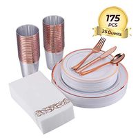 FOCUS LINE 175Pcs Disposable Dinnerware Set for Party or Wedding-Rose Gold Rim Plastic Plates - Plastic Silverware - Plastic Cups - Linen Like Rose Gold Disposable Napkins(25 Guests)