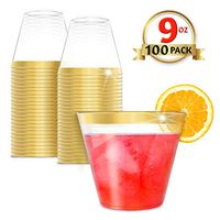 EcoEarth 9 Oz Gold Rimmed Plastic Cups (100 Pack), Premium Clear Plastic Disposable Party Cups with an Elegant Gold Rim, Ideal for Weddings and Special Occasions