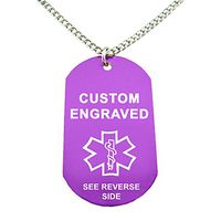 My Identity Doctor - Custom Engraved Medical Alert ID Dog Tag, Purple Aluminum, 27 Inches Chain