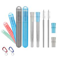 2 Pack Reusable Metal Straws Collapsible Stainless Steel Drinking Straws, Portable Telescopic Foldable Straw with Case, Silicone Mouthpiece, Brushes & Carabiner | BPA Free（Shark-Butt Grey&OA Blue）
