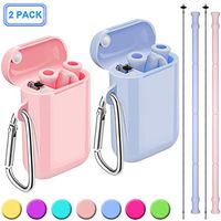 Henva 2 Pack Reusable Collapsible Straws for Kids Adult, BPA Free and Food-Grade Silicone Drinking Straws with Portable Keychain Case and Cleaning Brush for Juice, Coffee and Smoothie, Pink/Lavender