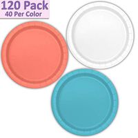 120 Paper Dessert Plates (7") - White, Coral, Aqua - 40 Per Color, 3 Colors - Great Assortment for Birthday Parties, Weddings, Holidays, Baby Shower, Celebrations, and more