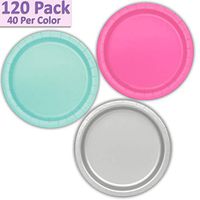 120 Paper Dessert Plates (7") - Hot Pink, Mint, Silver - 40 Per Color, 3 Colors - Great Assortment for Birthday Parties, Weddings, Holidays, Baby Shower, Celebrations, and more