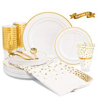 200 Piece Gold Rim Dinnerware Set, 50 Gold Plastic Plates - 25 Plastic Cups - 50 Napkins -75 Cutlery set, 25 Guest Disposable Gold Tableware Set (Bonus: 2 Pack Plastic Tablecloths)