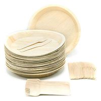 Eco-Friendly Disposable Dinnerware Set of 75 Party Supplies: Large 10" Round Palm Leaf Plates (25), Wooden Forks(25) & Knives (25) - Natural, Compostable