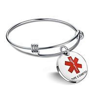 Comfybuy Stainless Steel Medical Alert Type 2 Diabetes Engraved Expandable Bracelet Bangle for Men Women