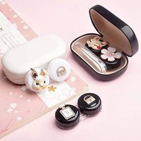 Cute Contact Lens Cases, Cat Contact Lens Soak Storage Box, Portable Pink Contact Lens Holder with Tweezers for Travel Kit (Black Case Cat)