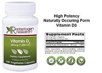 Vitamin D3 1,000 IU High Potency | Vitamin D 1000 (25 mcg) Supplement for Healthy Bones Muscles | Hypoallergenic Supplement for Enhanced Vitamin D Absorption | 100 Vegetarian Caps |Adaptogen Research