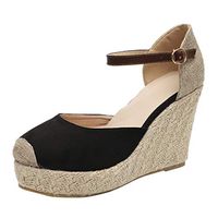 HAALIFE◕‿Women's Ankle Buckle Espadrille Platform Sandals Black