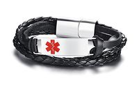 PJ Jewelry Free Engraving Stainless Steel Black Braided Genuine Leather Triple Wrap Medical Alert Bracelet for Men