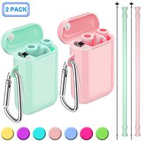 Henva 2 Pack Reusable Collapsible Straws for Kids Adult, BPA Free and Food-Grade Silicone Drinking Straws with Portable Keychain Case and Cleaning Brush for Juice, Coffee and Smoothie, Pink/Ocean Blue