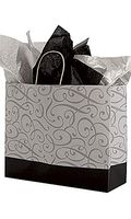 SSWBasics Large Black and Silver Swirl Paper Shopping Bags - 16”L x 6”D x 12 ½”H - Case of 100