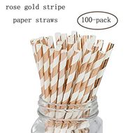 Palmay Disposable Paper Drinking Straws Biodegradable Foil Rose Gold Striped Straw 100 pcs for Party DIY