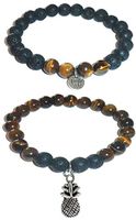 Hidden Hollow Beads Charm Tigers Eye and Black Lava Natural Stone Women's Yoga Beaded Stretch Bracelet Set. Comes in A Gift Box! (Pineapple)