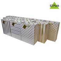 10x5x13" 12 Pcs. Large Metallic Gold Paper Gift Bags with Handles, Birthday Party Favor Bags, Chevron Polka Dot Chevron Polka Dot Stripe Patterns