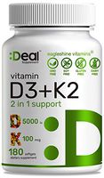Vitamin D3+K2,180 Veggie Softgels, Super Extra Strength Formula, 5000 IU Vitamin D3 & 100mcg Vitamin K2 (MK-7), Promotes Heart,Bone&Teeth Health - Very Easy to Swallow