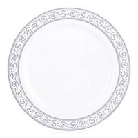 Posh Setting Premium Collection 40 Pack China Look 10.25 Inch White/Silver Plastic Dinner Plates, Fancy Disposable Dinnerware