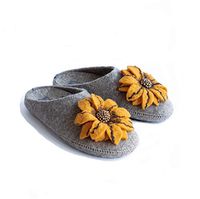 Made For You Women’s Natural Wool Slippers with Handmade Yellow Sunflower, Lightweight and Comfortable with Non-Slip Rubber Sole and Arch Support Insoles (Dark Beige/Grey, Numeric_10)