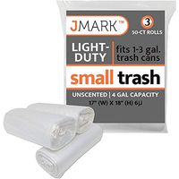 J Mark Small Trash Bags, Light-Duty, Transparent, 4 Gallons (Fits Trash Can Sizes 1 to 3 Gallons), Economical Design for Frequent Replacement (3 Rolls | 150 Bags)