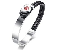 XUANPAI Unisex Free Engraving Medical Alert ID Bracelet Stainless Steel Leather Cuff Bracelet Bangle,7.8"