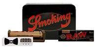 RAW Black 1 1/4 Natural Unrefined Rolling Paper, RAW 79mm Roller, Smoking Brand Collectors Tin (Deluxe), with Hippie Butler Grinder Card - 4 Item Bundle