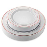 50 Disposable White Rose Gold Rimmed Heavy Duty Plastic Plates | 25 Dinner Plates and 25 Dessert or Appetizer Plates | Premium Combo Disposable Dinnerware Set | Great for Parties or Weddings.