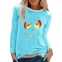Veodhekai Women Pullover Halloween Top Blouse Print Shirts O-Neck Sweatshirt Tunic Loose T-Shirt Blouse Sky Blue