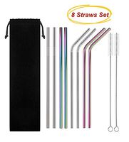 Reusable Stainless Steel Straws Set of 8: 4 Titanium Coated Rainbow 4 Classic Stainless Steel, Extra Long 10.5'' Metal Drinking Straws w. 2 Brushes & Carry Bag Eco-Friendly for 20/30oz Tumbler/Mug