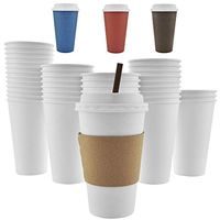 100 Pack - 16 Oz [12 Oz] [4 Colors] Disposable Hot Paper Coffee Cups, Lids, Sleeves, Stirring Straws - Clean White