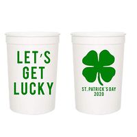 Let's Get Lucky Party Cups - St Patty's Day Party Stadium Cups, 16oz - Set of 12 - Perfect for St Pattys Day Party - St Patrick's Day Accessories (White)