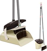 Extendable Broom and Dustpan Set with Lid, Long Handle Stainless Steel Lobby Broom Upright Dust Pan with Teeth Ideal for Dog Cat Pets Home Kitchen Office Use,Beige
