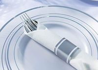 Elegant Plastic dinnerware Set 25 Guests | 175 pcs Disposable Plastic Plates with Silver Rim Set for Wedding Party and All Occasions! Includes Dinner Plates, Salad Plates, Cutlery, and More