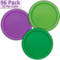 96 Paper Dinner Plates (9") - Lime Green, Pretty Purple, Emerald Green - 32 Per Color, 3 Colors - Great Assortment for Birthday Parties, Weddings, Holidays, Baby Shower, Celebrations, and more