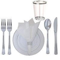 360 Piece Disposable Plastic Wedding Tableware Dinnerware Set. Silver Rimmed Dinner and Dessert Plates, Silver Cutlery Set, Silver Rimmed Tumblers, Linen Feel Napkins With Rhinestone Napkin Rings.