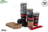 LARGE COMBO Set of 150-16oz - Paper Coffee Hot Cups, Black Dome Lids, Sleeves & Stirrers - Disposable Coffee Cups, To Go Travel Mug, Office/Party Pack, Hot/Cold Coffee, Tea & Chocolate, Latte