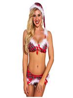 Viviplus Women's Lingerie 3Pcs Set New Sexy Christmas Nightgowns Lattice Print with Hat Bow Bra Thong Pajamas Underwear Thong Pajamas