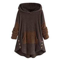 Meikosks Women's Fleece Hoodie Plus Size Button Hem Pullover Patchwork Plush Sweater Tops Coffee