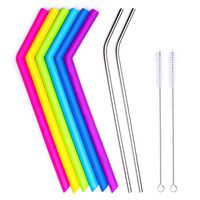CORNERJOY Big Reusable Silicone Drinking Straws for 30 oz Tumbler RTIC/Yeti & Stainless Steel Straws Complete Bundle - 6 Silicone Straws + 2 Metal Straws + 2 Brushes - Reusable Straws Extra Long