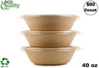 500 Count - EcoQuality 40oz Round Disposable Bowls with Lids Natural Sugarcane Bagasse Bamboo Fibers Sturdy Compostable Eco Friendly Environmental Paper Plastic Bowl Alternative Tree Free