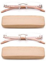 Newbee Fashion-2 Pack High Quality Lightweight Real Wood Reading Glasses for Women & Men Stylish Rimless Design Rectanglur Shape Spring Hinge for Comfortble Fit with Case