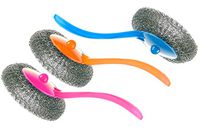 Steel Wool Scrubber with Handle - Set of 3 - Stainless Steel Scouring Pad - Cleaning Metal Sponge for Dishes