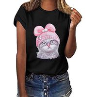 Onefa Ladies Cute Cat with Hat Print Breathable Short Sleeve Shirt Round Neck Blous Funny Design for Teen Girls Women in Spring Summer