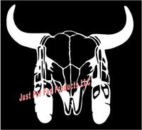 Just For Fun 6 x 5.5 Buffalo Bull Skull with Feathers Vinyl Die Cut Decal Bumper Sticker, Native American, Windows, Cars, Trucks, laptops, etc