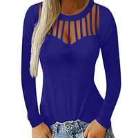 HNTDG Women Casual Solid Color Hollow Cut Out Long Sleeve Loose Pullover Sweatshirt Tops Blouse Blue