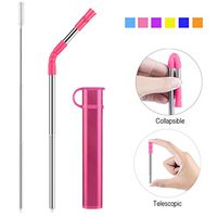 Reusable Collapsible Straw, Portable Stainless Steel Drinking Straw with Case, Straw Tip and Cleaning Brush for Travel, Party, Outdoor and Home Use (Red Case Pink Tip)