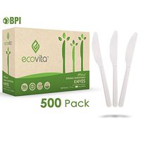 100% Compostable Knives - 500 Large Disposable Utensils (7 in.) Bulk Size Eco Friendly Durable and Heat Resistant Alternative to Plastic Knives with Convenient Tray by Ecovita