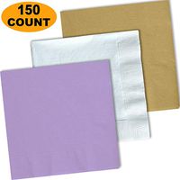 150 Lunch Napkins, Lavender, Bright White, Glittering Gold - 50 Each Color. 2 Ply Paper Dinner Napkins. 6.5" folded, 13.5" unfolded.