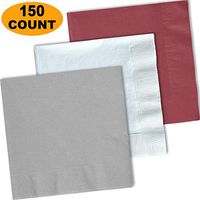 150 Lunch Napkins, Shimmering Silver, Bright White, Burgundy - 50 Each Color. 2 Ply Paper Dinner Napkins. 6.5" folded, 13.5" unfolded.